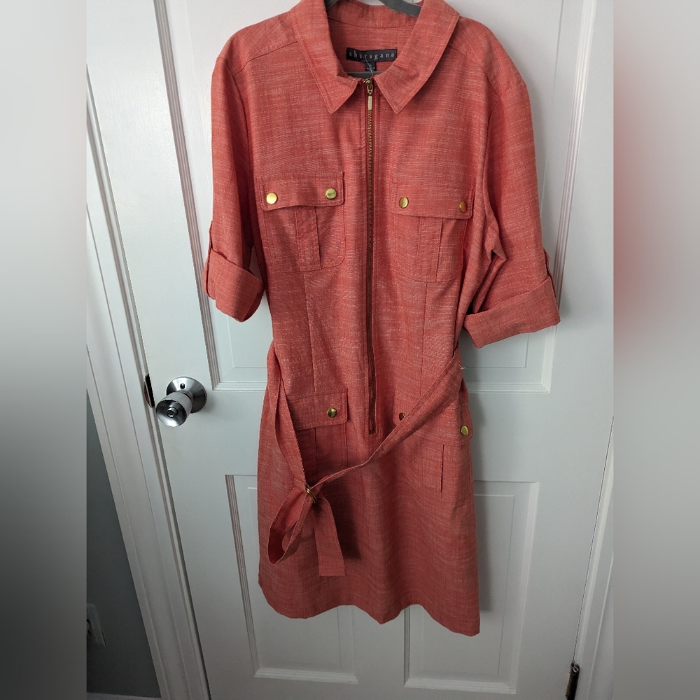Sheragano Women's 8 Shirt Dress Red Chambray Roll Cuff Sleeve Safari Cargo